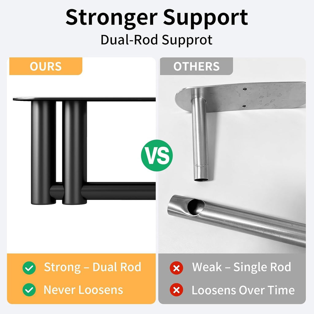 Paper Towel Holder Under Cabinet, Upgraded Dual-Rod Adhesive Paper Towel Holder With Longer Base, Stainless Steel Wall Mounted Holder For Kitchen Towels, No Drill, Black