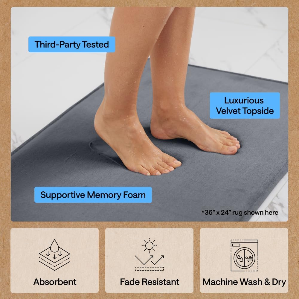 Gorilla Grip® Memory Foam Bath Rugs, Soft Absorbent Velvet Bathroom Mats, Durable Dots On Underside, Machine Washable Bathmat, Carpet Rug Room Decor For Shower Floor, 24X17 Mat, Graphite Gray