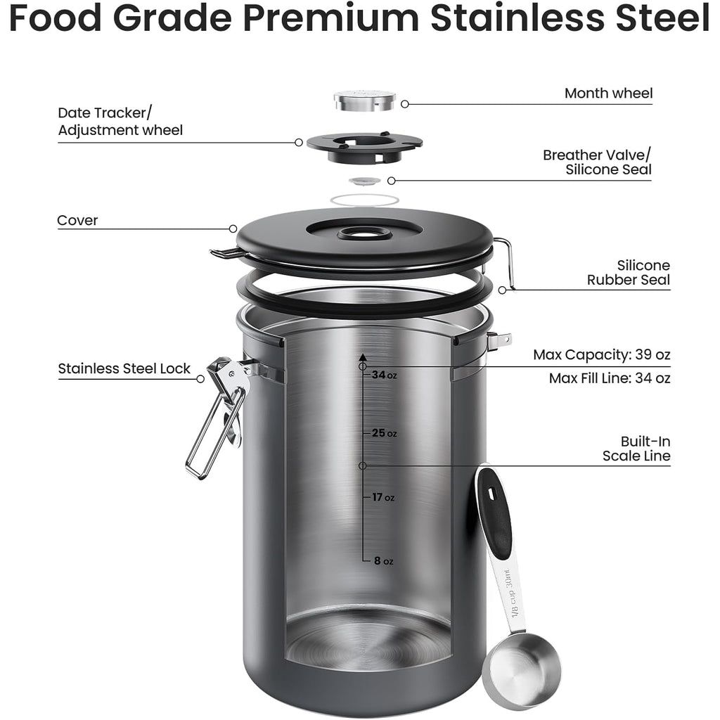 Veken Coffee Canister, 39Oz Large,Airtight Stainless Steel Food Storage Container For 2.2Lbs Beans,Ground,Sugar,Espresso,Rice,Tea,Flour,Cereal,Cookie,Lids,Jars,Gifts,Scoop,Kitchen Bar Accessories,Gray