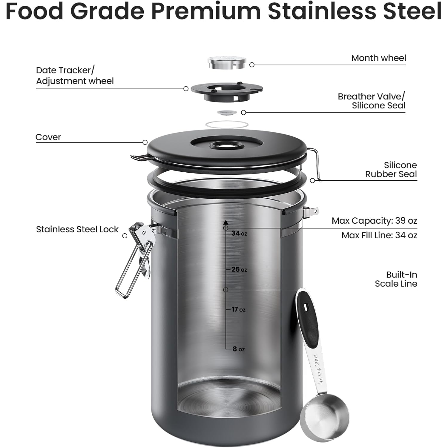 Veken Coffee Canister, 39Oz Large,Airtight Stainless Steel Food Storage Container For 2.2Lbs Beans,Ground,Sugar,Espresso,Rice,Tea,Flour,Cereal,Cookie,Lids,Jars,Gifts,Scoop,Kitchen Bar Accessories,Gray