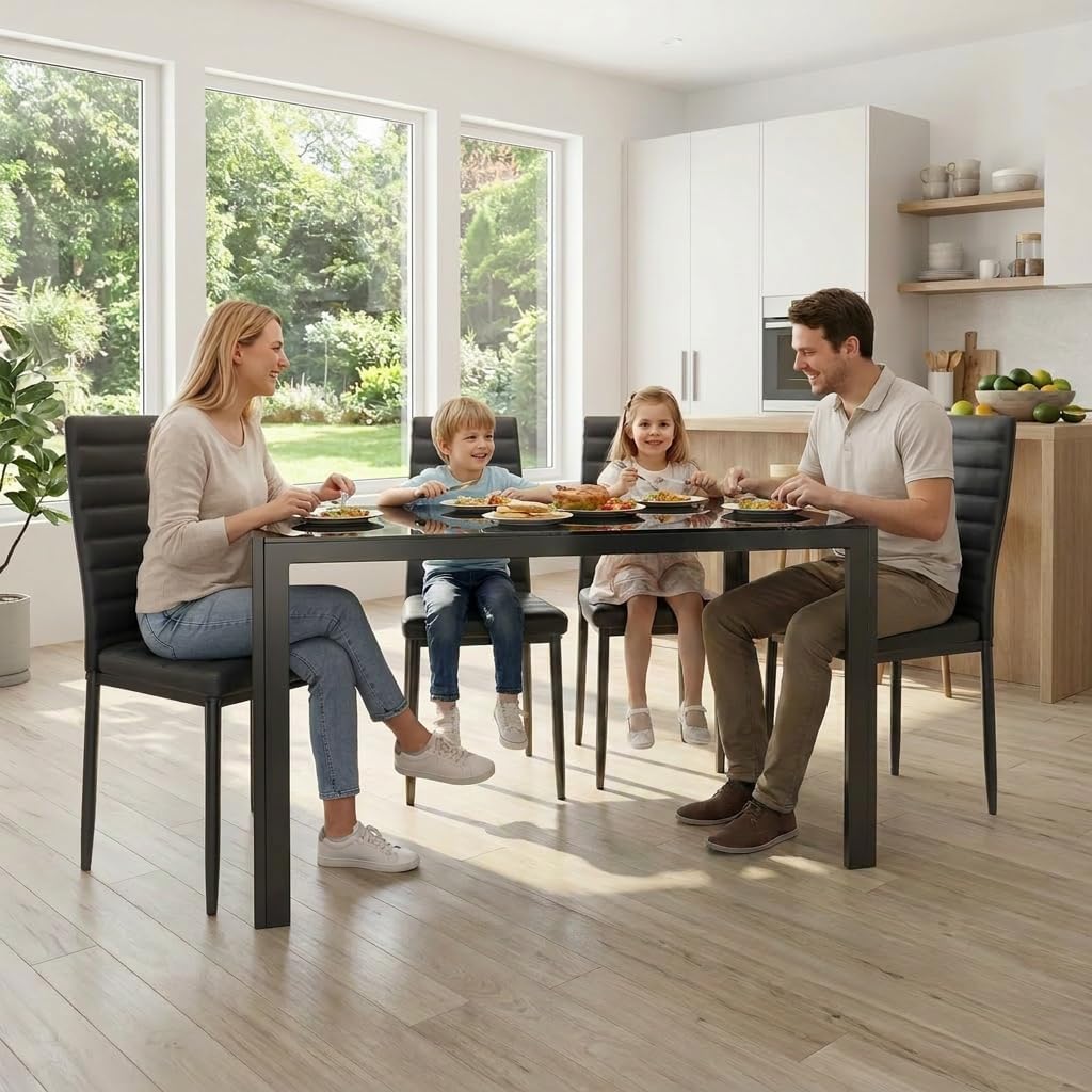 Gizoon 5 Piece Glass Dining Table Set, Kitchen And Chairs For 4, Pu Leather Modern Room Sets For Home, Kitchen, Living Room | Pu Leather Modern Room Sets,Small Dining Table Sets,Space Saving Table And Chairs Set For Home, Kitchen, Living Room