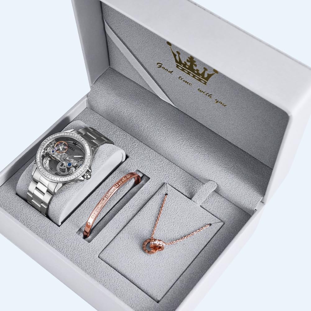 Olevs Women Watch Skeleton Set Automatic Mechanical Silver Luxury Dress Waterproof Luminous Lady Watch Gift Set
