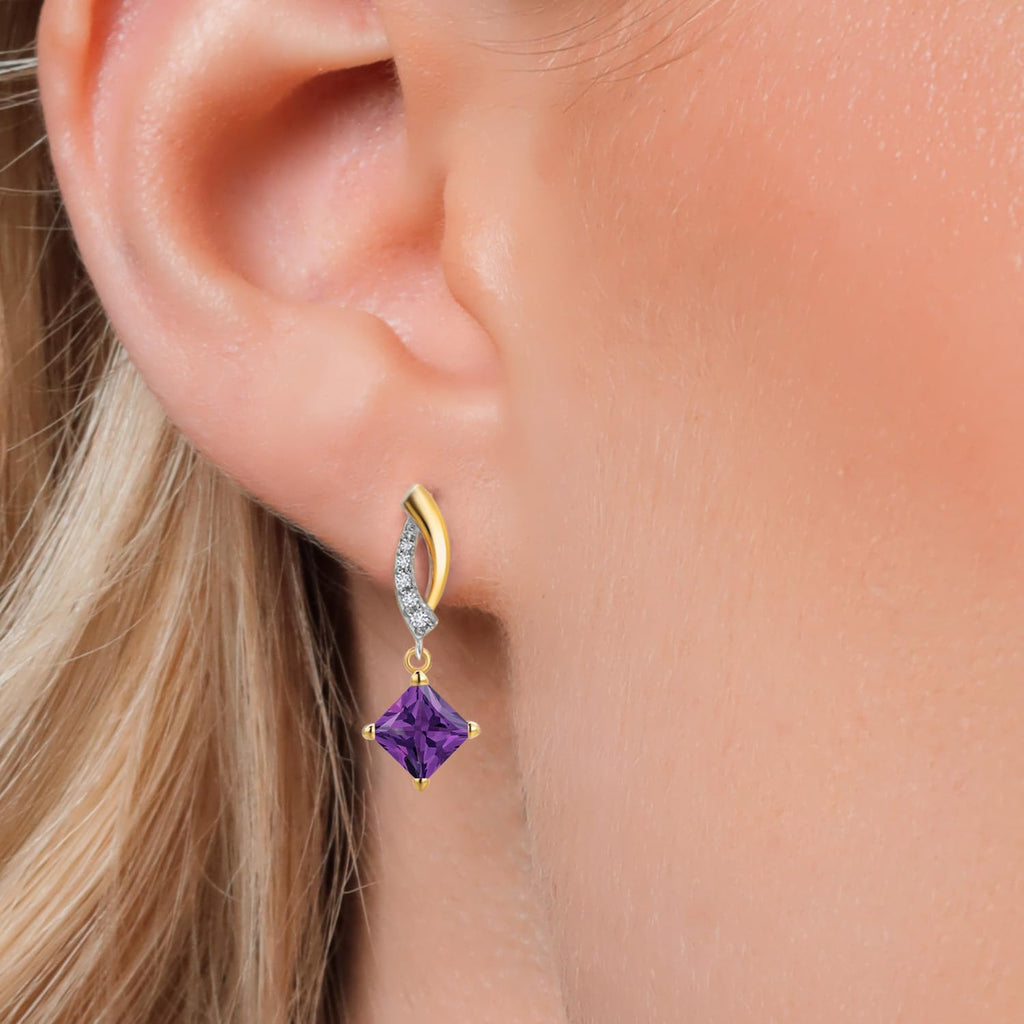 Gem Stone King 5MM Princess Cut Gemstone Birthstone and White Lab Grown Diamond Dangle Earrings for Women | 925 Silver and 10K Yellow Gold | Fine Jewelry Gifts for Women Mom Wife Her