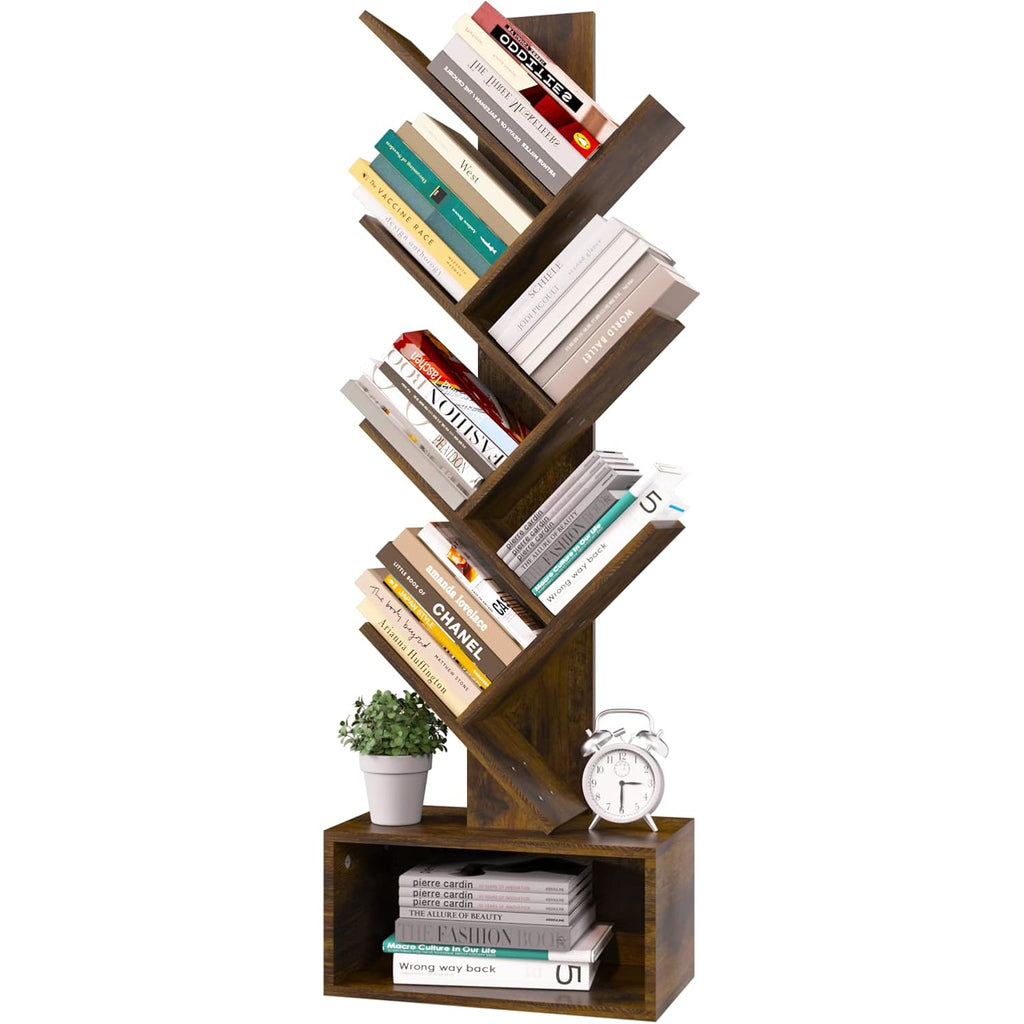 Yoobure Tree Bookshelf - 6 Shelf Retro Floor Standing Bookcase, Tall Wood Book Storage Rack For Cds/Movies/Books, Utility Book Organizer Shelves For Bedroom, Living Room, Home Office, Rustic Brown