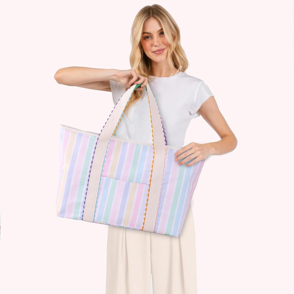 Canvas Tote Bag For Women, Rainbow Rick Rack Trim Stripe Handbag, Large Shoulder Tote With Pocket, Perfect For Everyday Use, Beach, Work And Travel