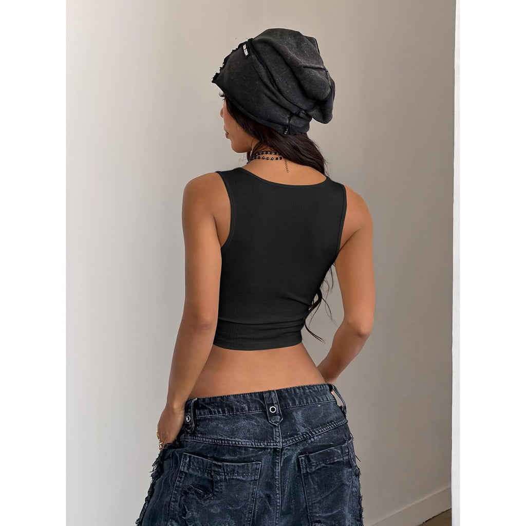 Soly Hux Women'S V Neck Crop Tops Basic Trendy Notched Sleeveless Slim Fit Summer Y2K Sexy Crop Tank Top