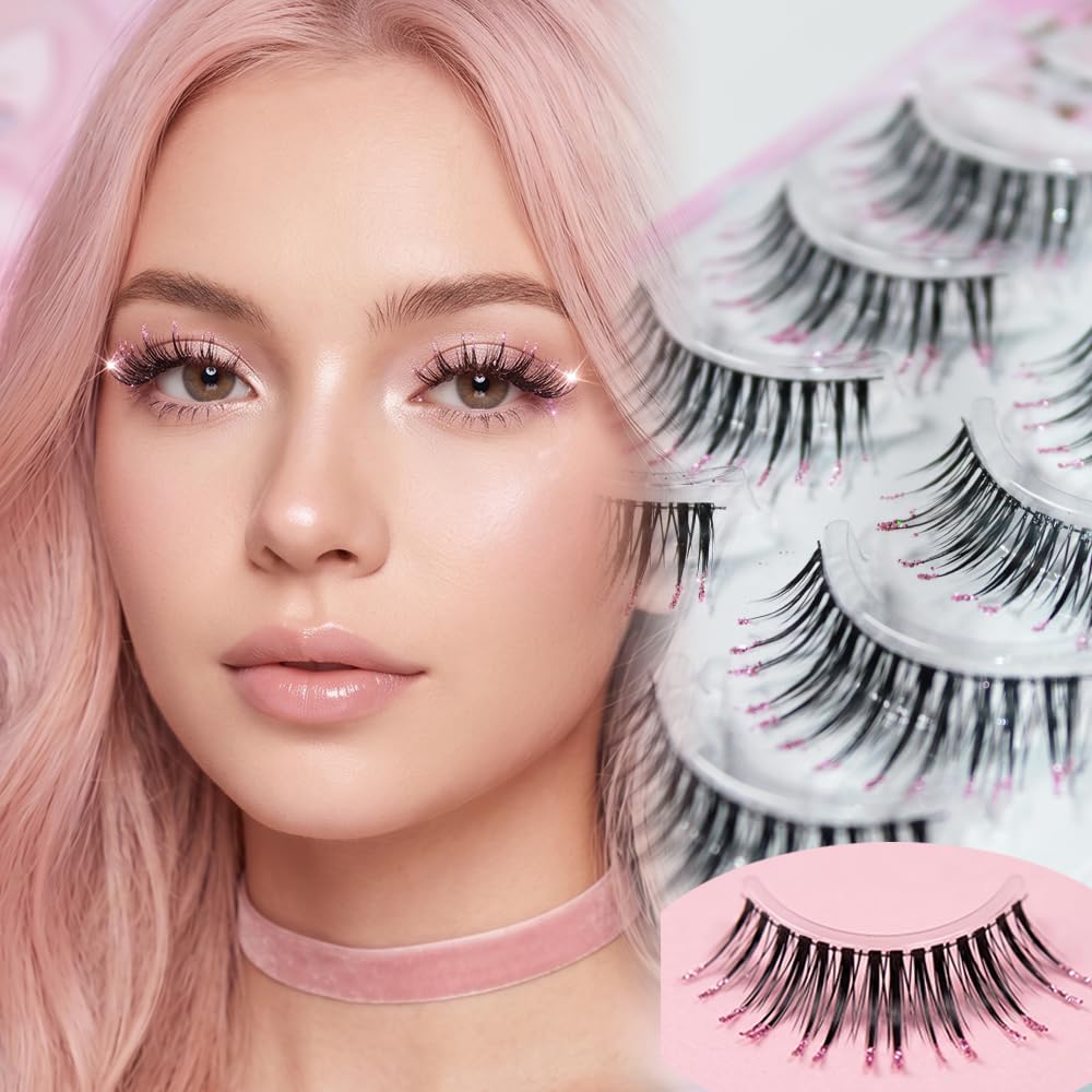 Glitter false eyelashes pink dense decorative shiny eyelash extensions colored faux mink eyelashes 5 pairs for makeup party makeup glitter colored eyelashes for stage makeup party wedding
