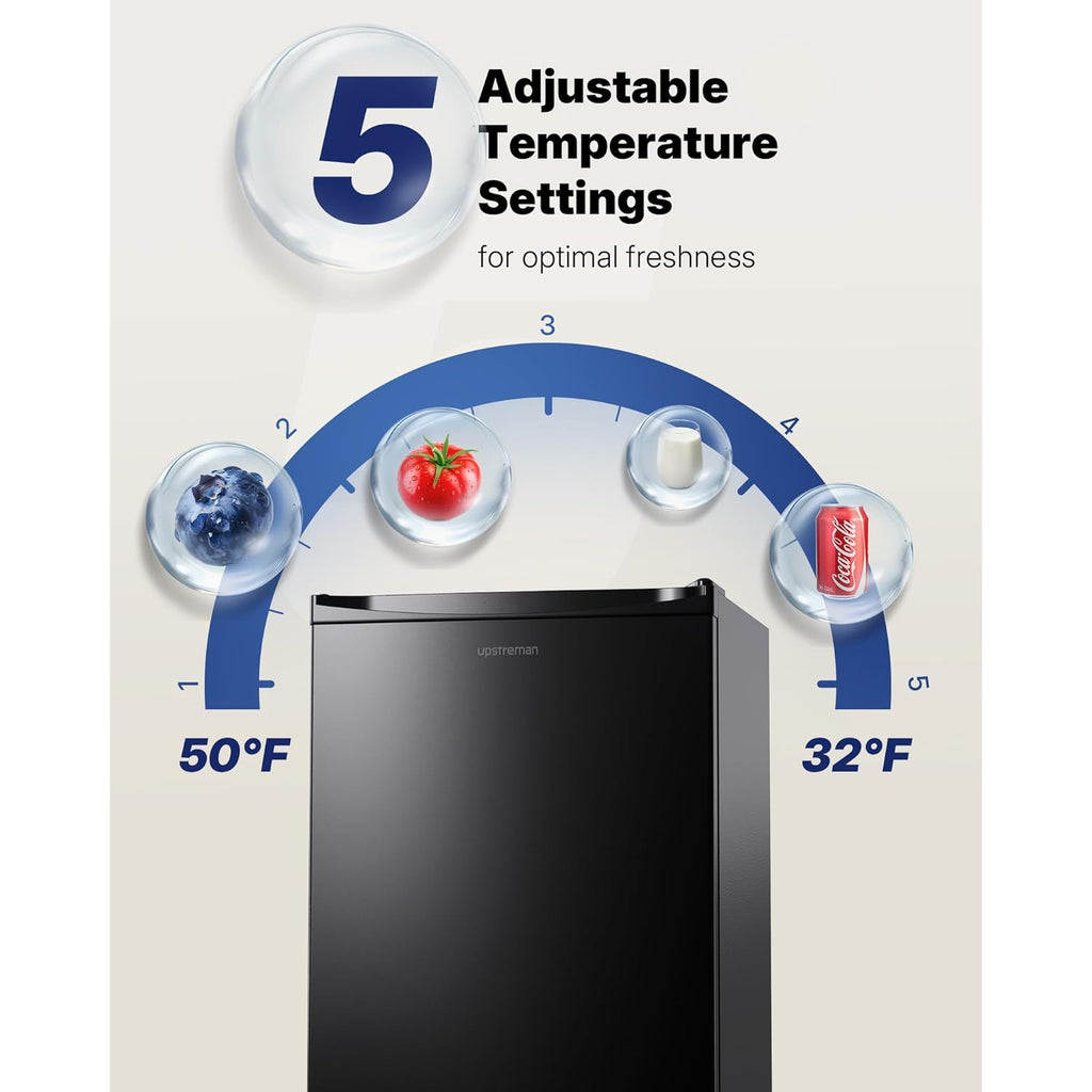 Upstreman 3.2 Cu.Ft Mini Fridge with Freezer, Quiet Efficient Small Fridge, Compact Refrigerator with Adjustable Thermostat, for Dorm, Bedroom, Office, Black-BR321