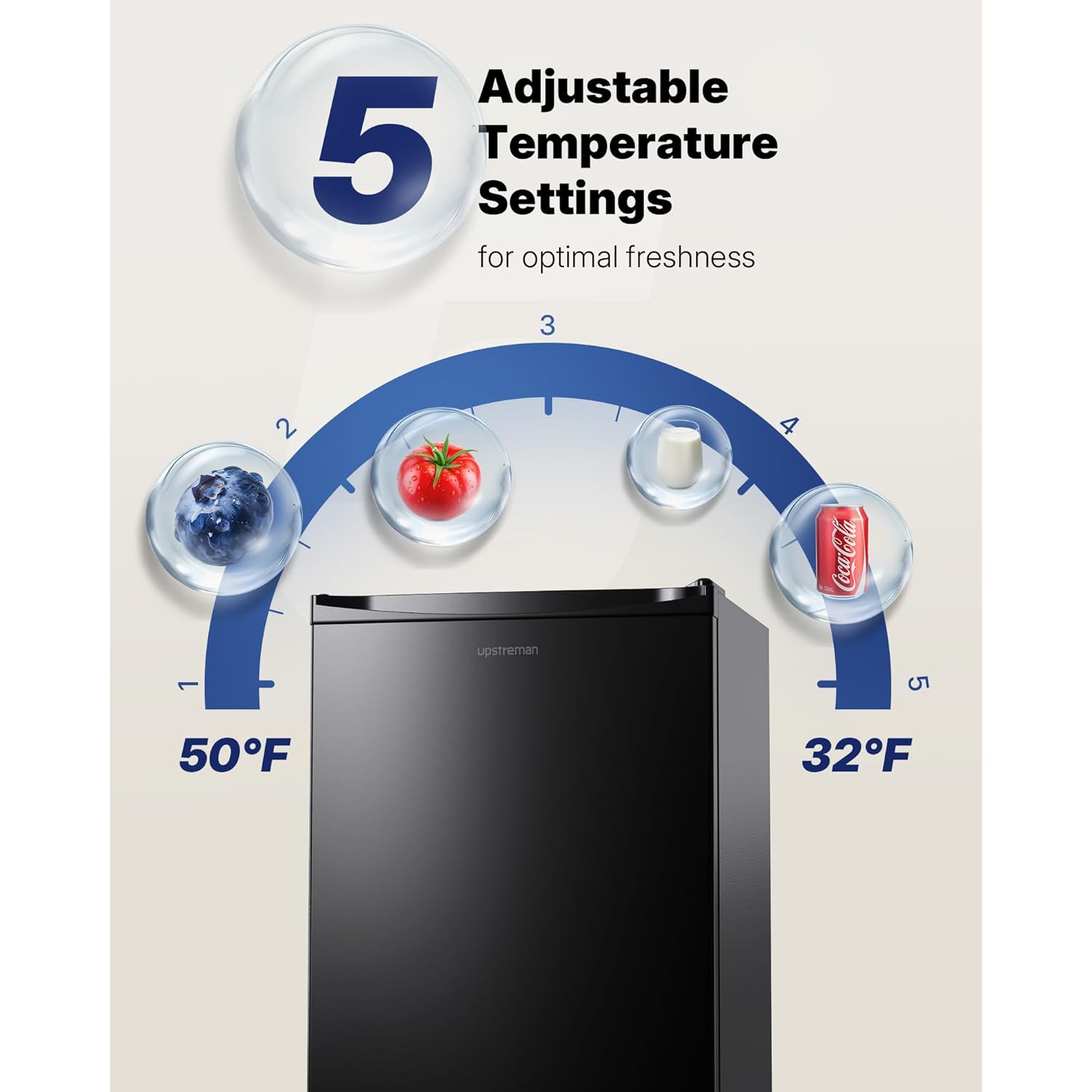 Upstreman 3.2 Cu.Ft Mini Fridge with Freezer, Quiet Efficient Small Fridge, Compact Refrigerator with Adjustable Thermostat, for Dorm, Bedroom, Office, Black-BR321