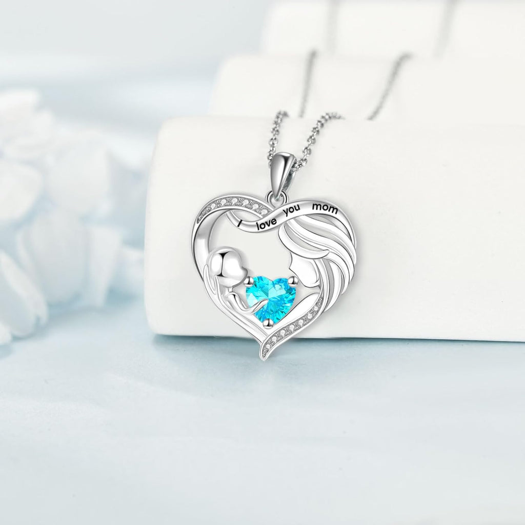 Mothers Day Gifts for Mom Mother and Daughter/Son Necklace Love Heart Jewelry 18K White Gold I Love You Mom Birthstone Necklace Birthday Gift for Women