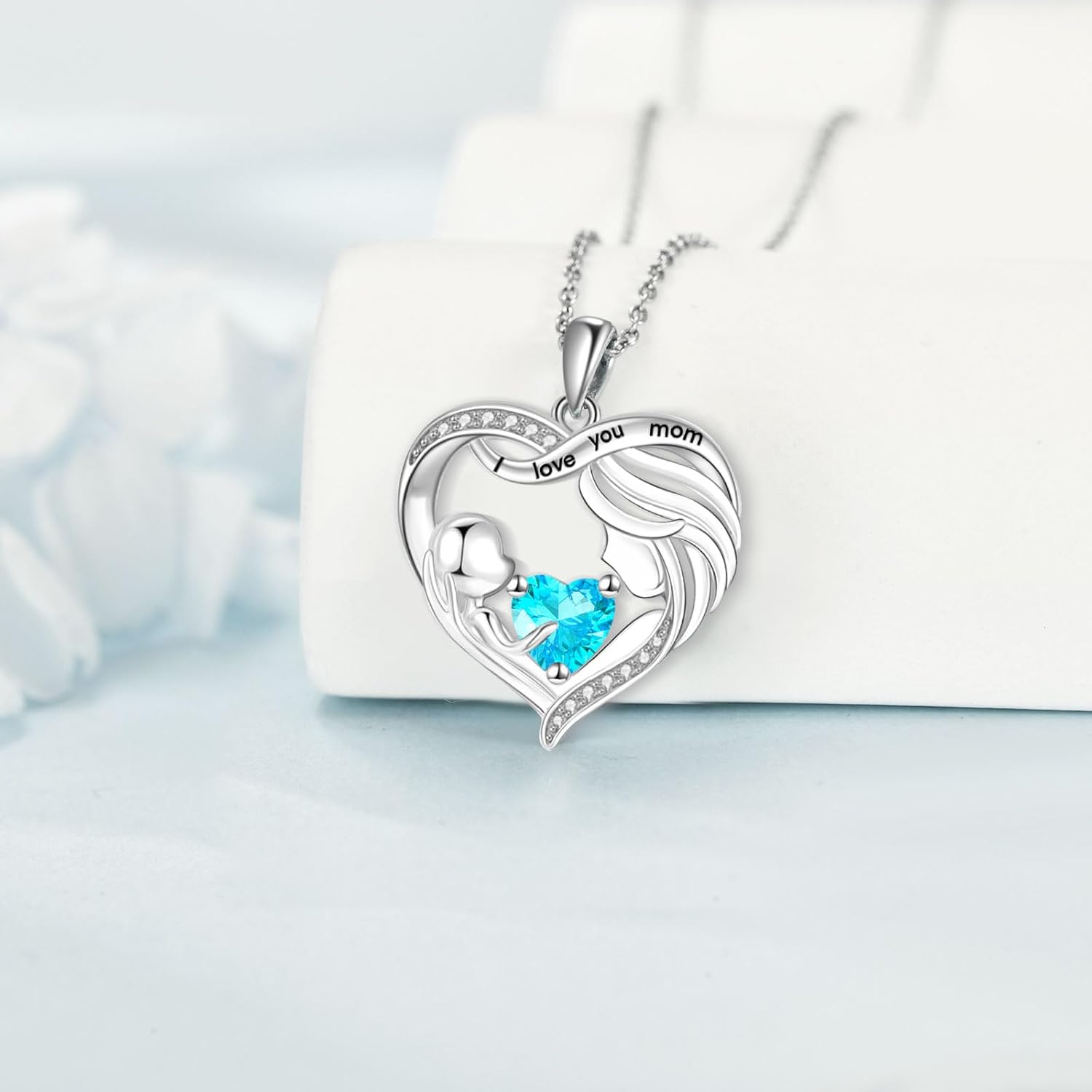 Mothers Day Gifts for Mom Mother and Daughter/Son Necklace Love Heart Jewelry 18K White Gold I Love You Mom Birthstone Necklace Birthday Gift for Women