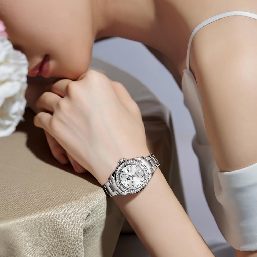 Olevs Quartz Watch Women Silver Stainless Steel Waterproof Luminous