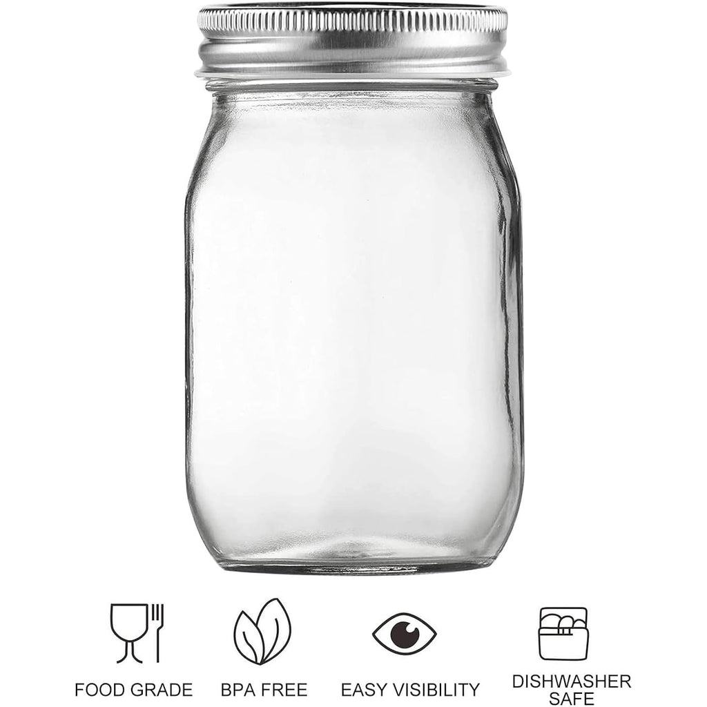 BEWAVE Glass Mason Jars, 16oz Clear Glass Jars with Lids for Sealing, Regular Mouth Canning Jars for Food Storage, Snacks, Candies, DIY Projects, 4 Pack