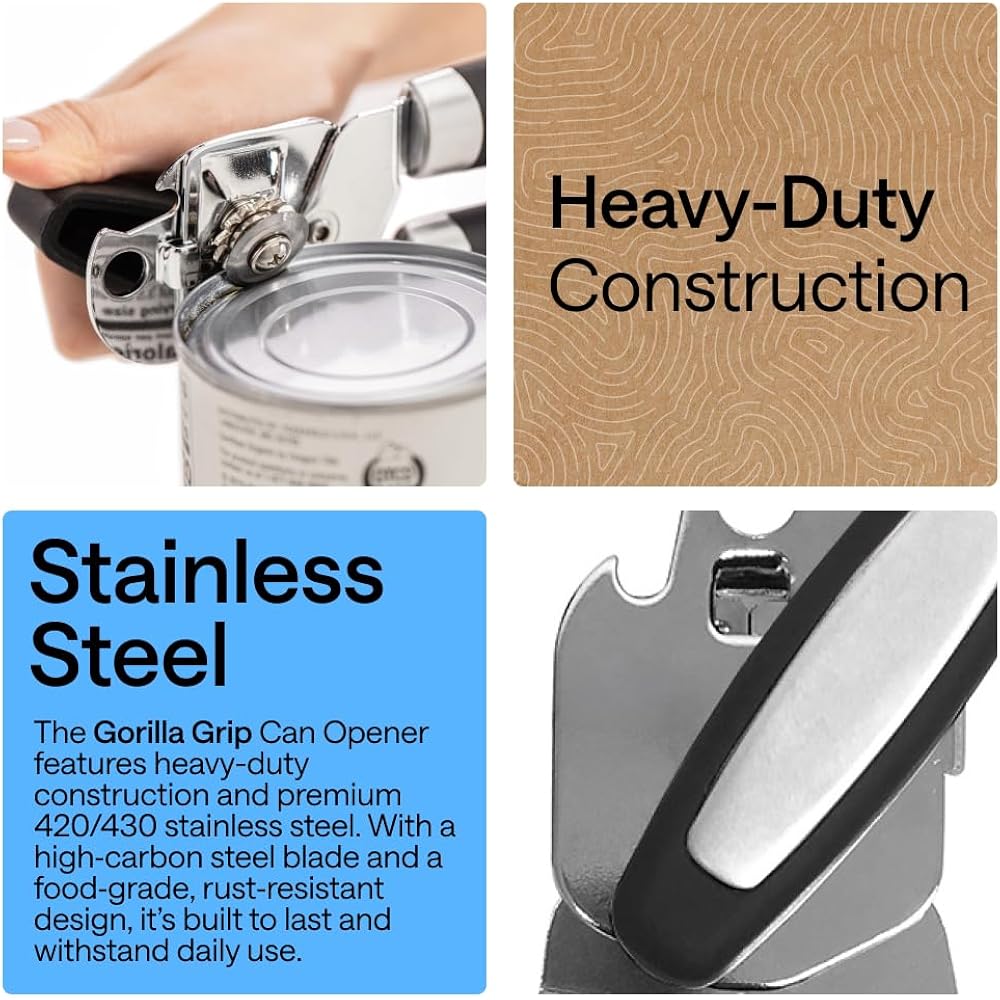 Gorilla Grip Heavy Duty Stainless Steel Smooth Edge Manual Can Opener And Bottle Openers, Us Designed, Comfortable Handle, Oversized Handheld Turn Knob, Multifunctional Kitchen Tool, Onyx
