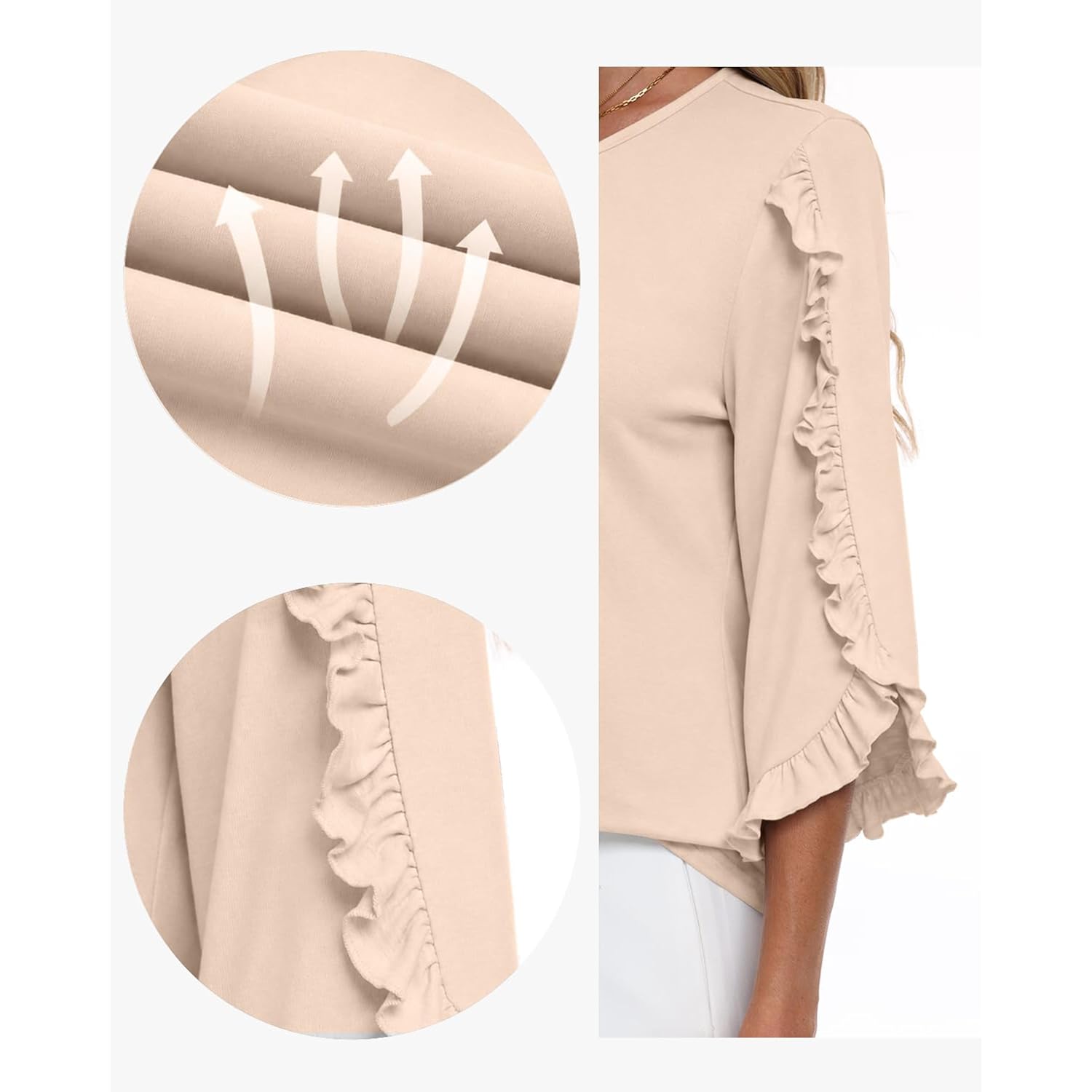 3/4 Length Sleeve Womens Tops Crewneck Ruffle Sleeve Shirts Dressy Casual Blouse Summer Fall Fashion Business Outfit