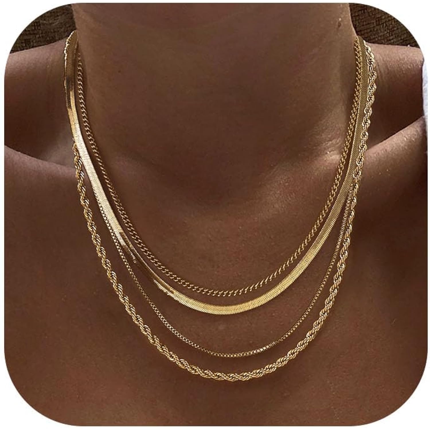 Tewiky Layered Necklaces for Women Non Tarnish- Chunky 14k Gold Plated Herringbone/Snake/Rope/Box/Cuban Link Chain for Women Waterproof Layering Stack Choker Necklace Trendy Dainty Tarnish Free Jewelry Set