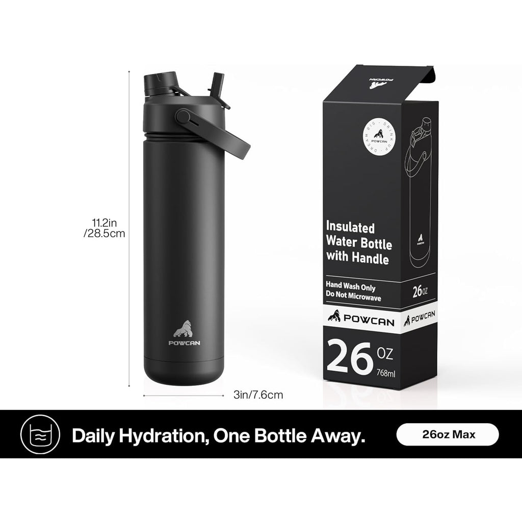 POWCAN 26 oz Insulated Water Bottle with 2-in-1 Straw and Spout Lid, Keep Cold 24H, Leak-Proof, Fits in Car Cup Holder, Stainless Steel Water Bottle for Sports, Travel, and School (Dark Knight)