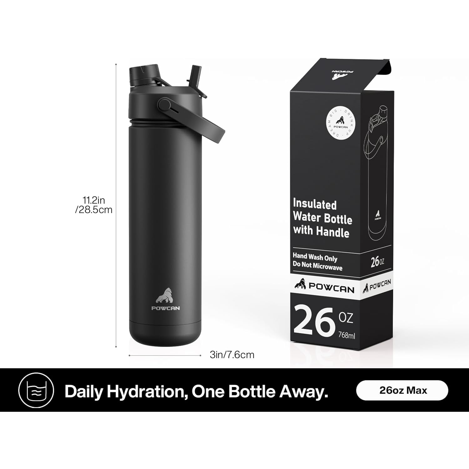 POWCAN 26 oz Insulated Water Bottle with 2-in-1 Straw and Spout Lid, Keep Cold 24H, Leak-Proof, Fits in Car Cup Holder, Stainless Steel Water Bottle for Sports, Travel, and School (Dark Knight)