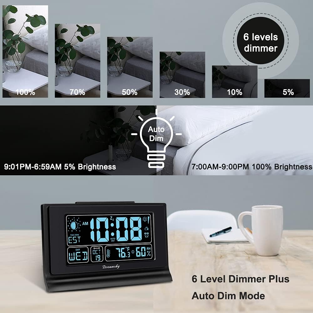 Dreamsky Alarm Clocks For Bedrooms With Battery Backup, Auto Set | Digital Clock With Date And Day Of Week, Indoor Temperature Humidity, Moon Phase, Dimmer, Auto Dst, Usb Port