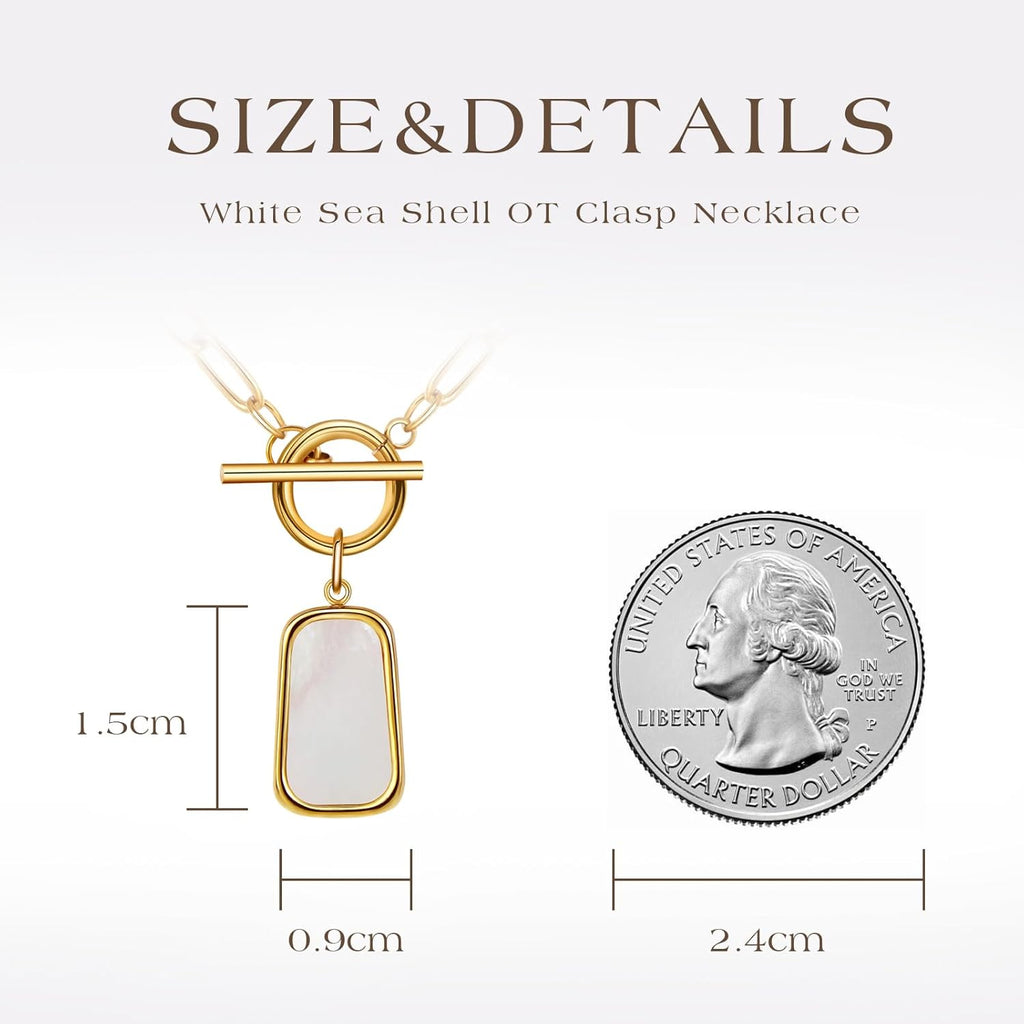 Natural White Sea Shell OT Clasp Long Plate Pendant Necklace For Women Trendy Elegant in Color and Luster Titanium Steel Electroplated with 18K Gold Necklace