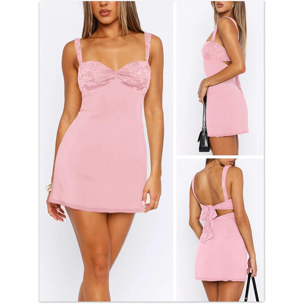 Women'S Summer Mini Dresses Sleeveless Sexy Square Neck Lace Splicing Cocktail Party Straps Bodycon Dress