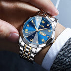 Olevs Watch For Men Diamond Business Dress Analog Quartz Stainless Steel Waterproof Luminous Date Two Tone Luxury Casual Wrist Watch Blue