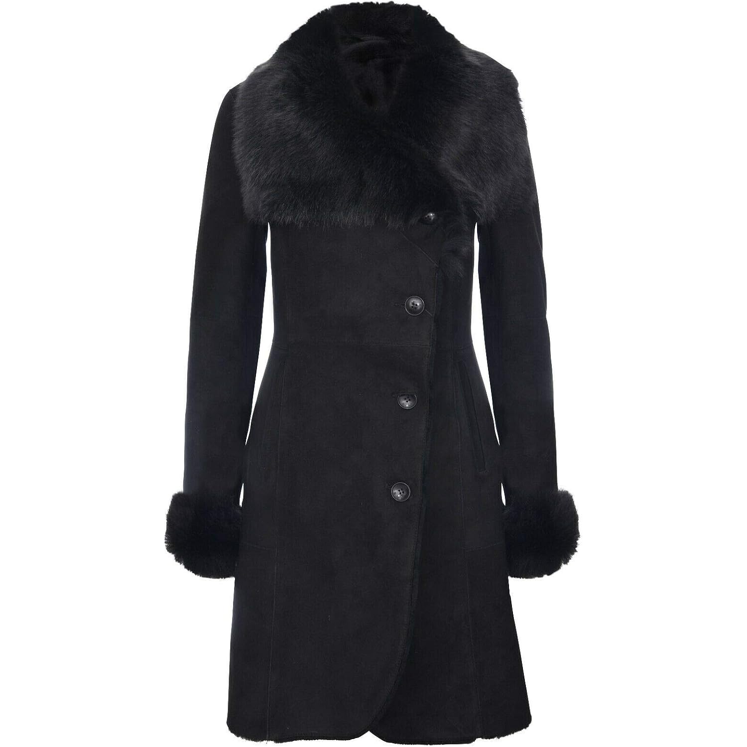 Infinity Leather Ladies Warm Black Suede Merino Shearling Sheepskin Coat With Toscana Collar
