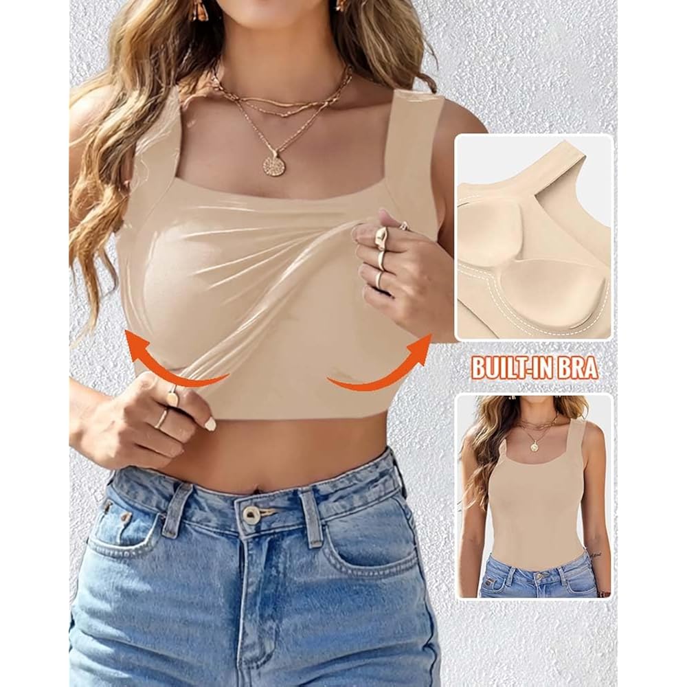 CHICME Womens U Neck Shapewear Built-in Bra Tank High Strechy Sleeveless Slim Fit Tops Camisole Workout Tops