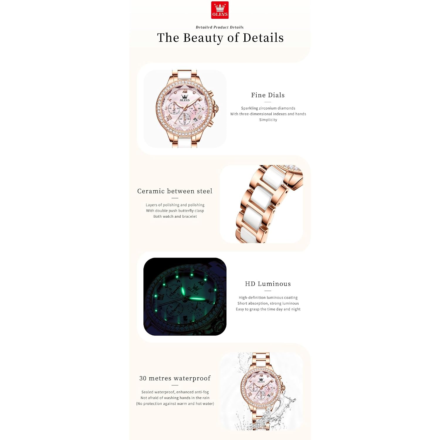 Olevs Women Watch Set Shinning Diamond Rose Gold Elegant Luxury Ladies Dress Wrist Watches Necklaces & Bracelets