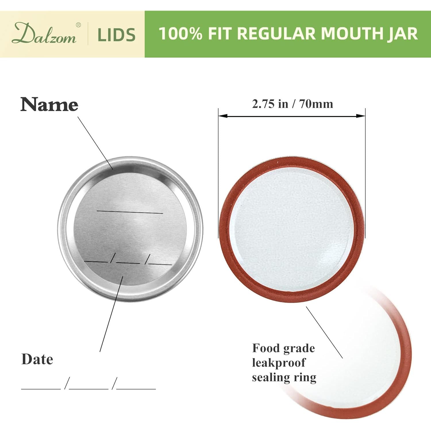 Dalzom® 24Pcs Canning Lids with 24Pcs Rings Regular Mouth, Premium Mason Jar Lids with Bands/Rings for Ball, Kerr Jars - Food Grade Material, 100% Fit & Airtight for Regular Mouth Mason Jars