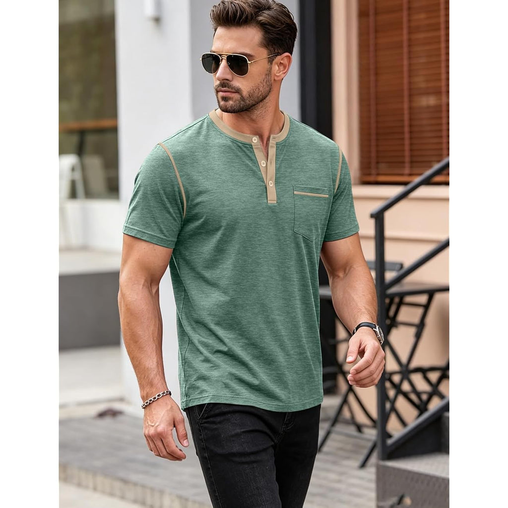 Men'S Henley Shirt Casual Button Short Sleeve T-Shirt Summer Patchwork Color Block Tee Shirts