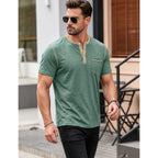Men'S Henley Shirt Casual Button Short Sleeve T-Shirt Summer Patchwork Color Block Tee Shirts