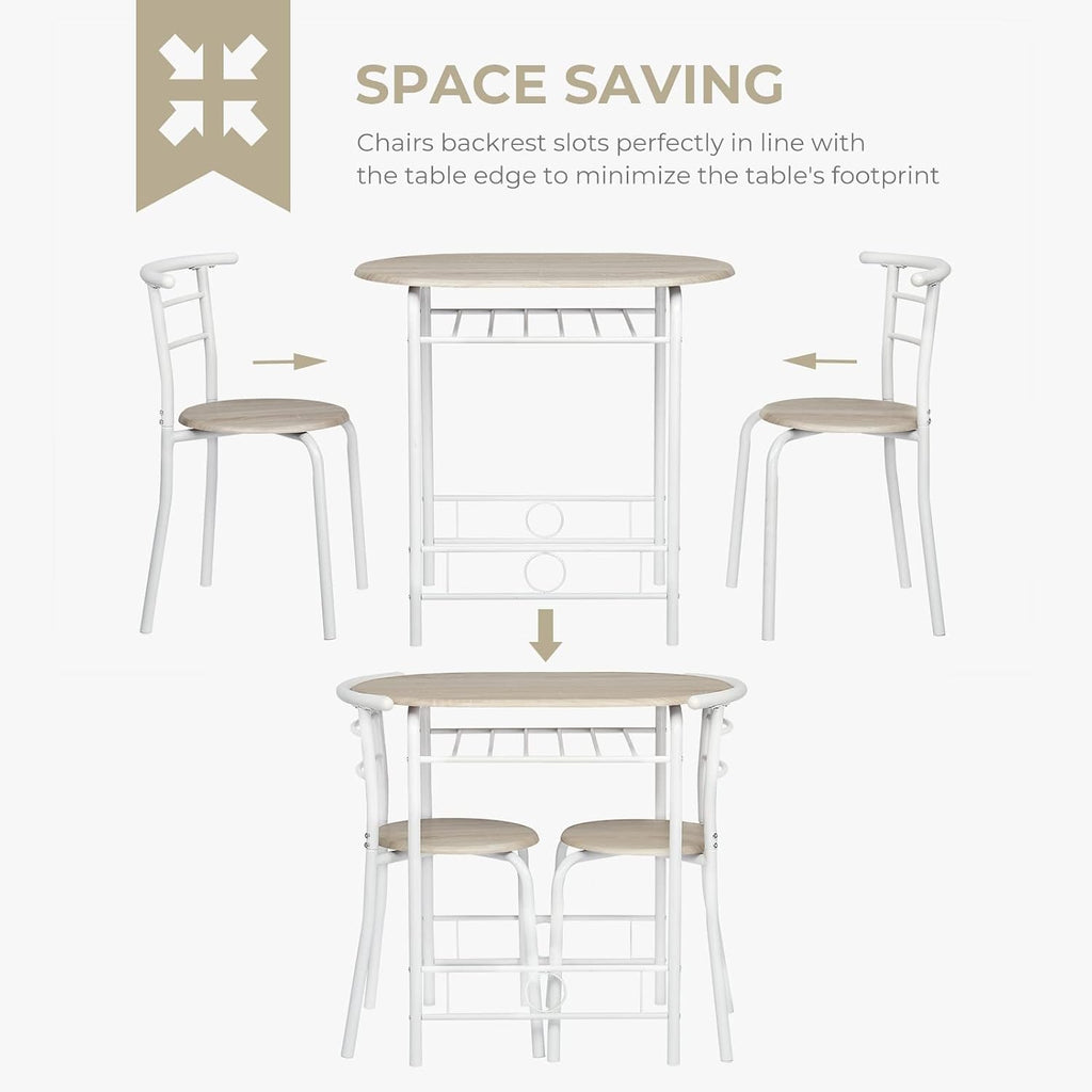 Vingli 3 Piece Dining Set,Small Kitchen Table Set For 2,Breakfast Table Set,Kitchen Wooden Table And 2 Chairs For Small Space/Dining Room/Apartment,Metal Frame,Wine Rack,White&Light Oak