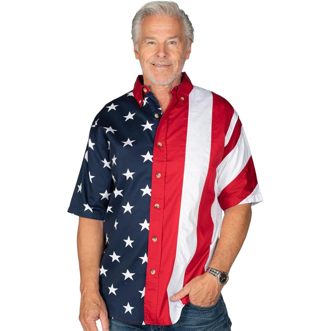 Flagshirt Men'S Half Stars Half Stripes American Flag Shirt - Button-Up, Red, White & Blue