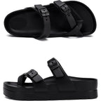 Womens Arch Support Platform Sandals Comfort Slides Thick Soles Flat Sandals With Adjustable Buckle & Ultra Cushion