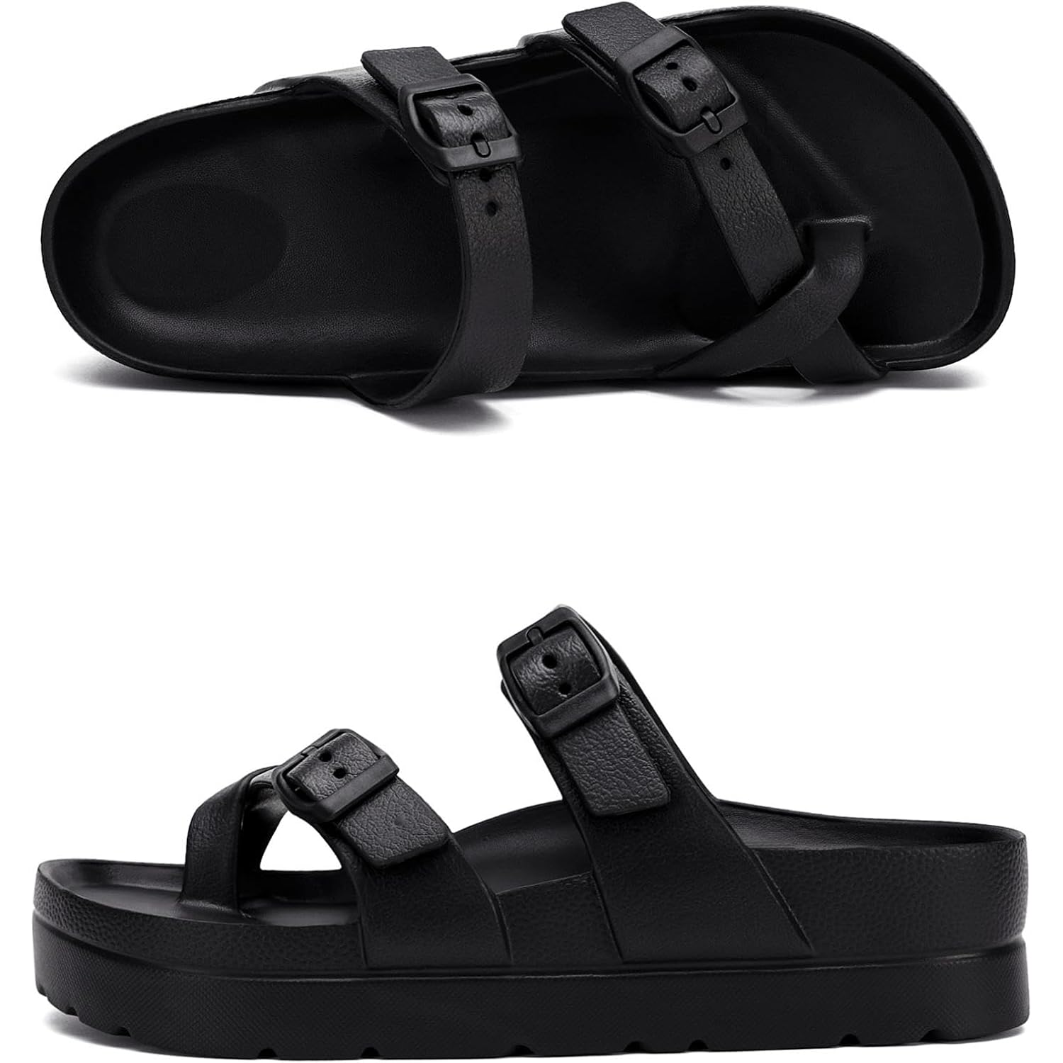 Womens Arch Support Platform Sandals Comfort Slides Thick Soles Flat Sandals With Adjustable Buckle & Ultra Cushion