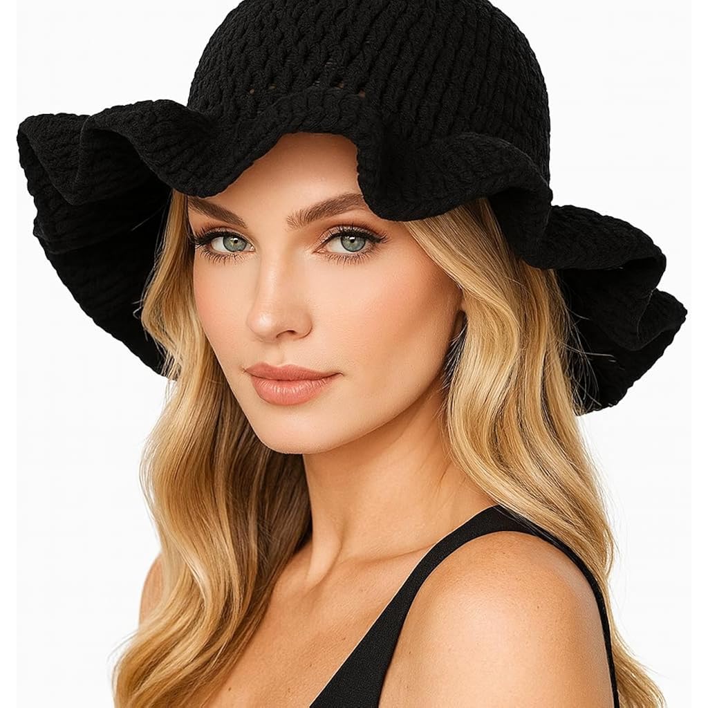 Crochet Bucket Hat for Womens Knitted Hat Trendy Fisherman Hat Foldable Handmade Bucket Cap for Travel Daily Wear A-pure Black