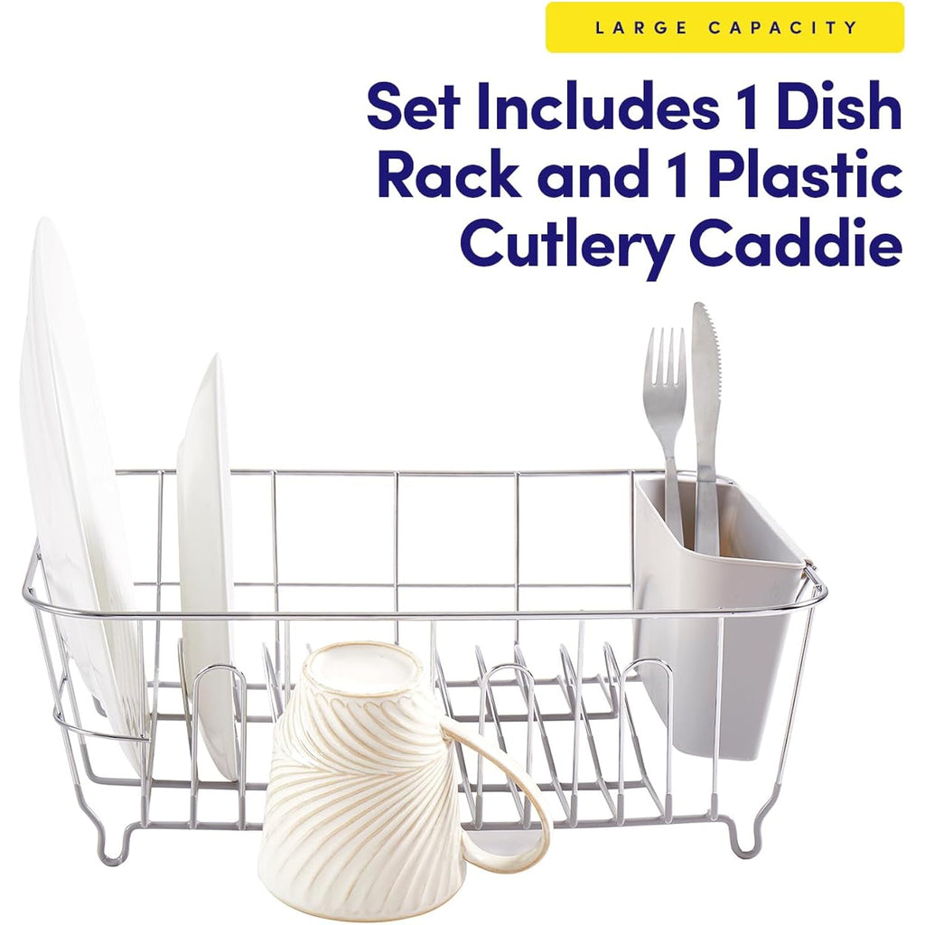 Dish Drying Rack & Cutlery Holder 2 Piece Set - Compact Sink-Fitting Dish Drainer With Rubberized Undercoating, Space-Saving Kitchen Organizer For Plates, Cups, Bowls & Utensils In Sink, Silver