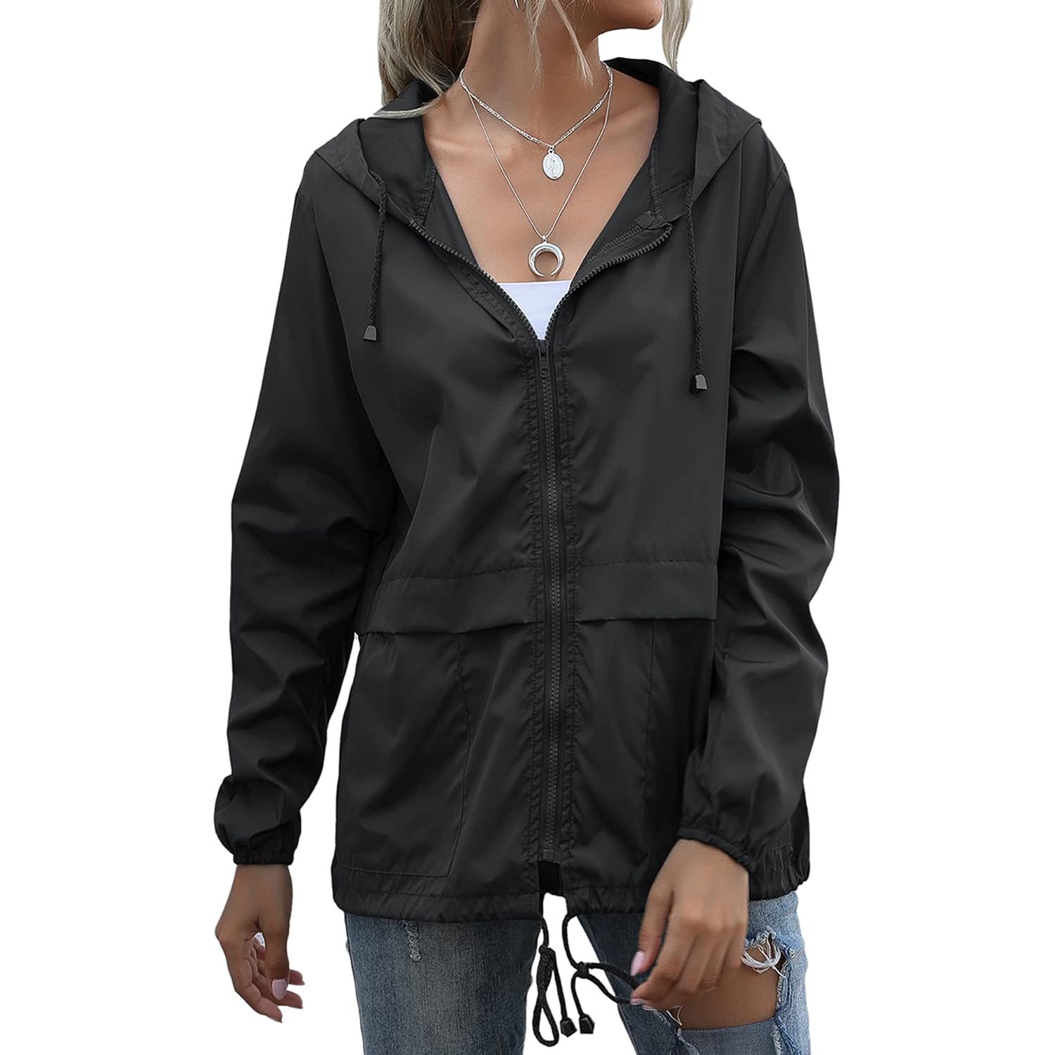 Women'S Raincoats Lightweight Waterproof Windproof Adjustable Windbreaker Rain Jackets Hooded With Pockets S-Xxl
