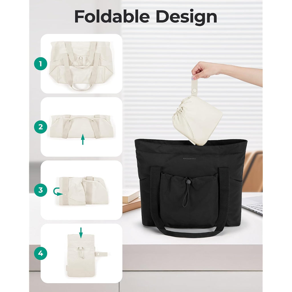 Bagsmart Foldable Tote Bag With Drawstring Bag, Tote Bag Shoulder Bag Top Handle Handbag For Travel, Work, Beach, Gym