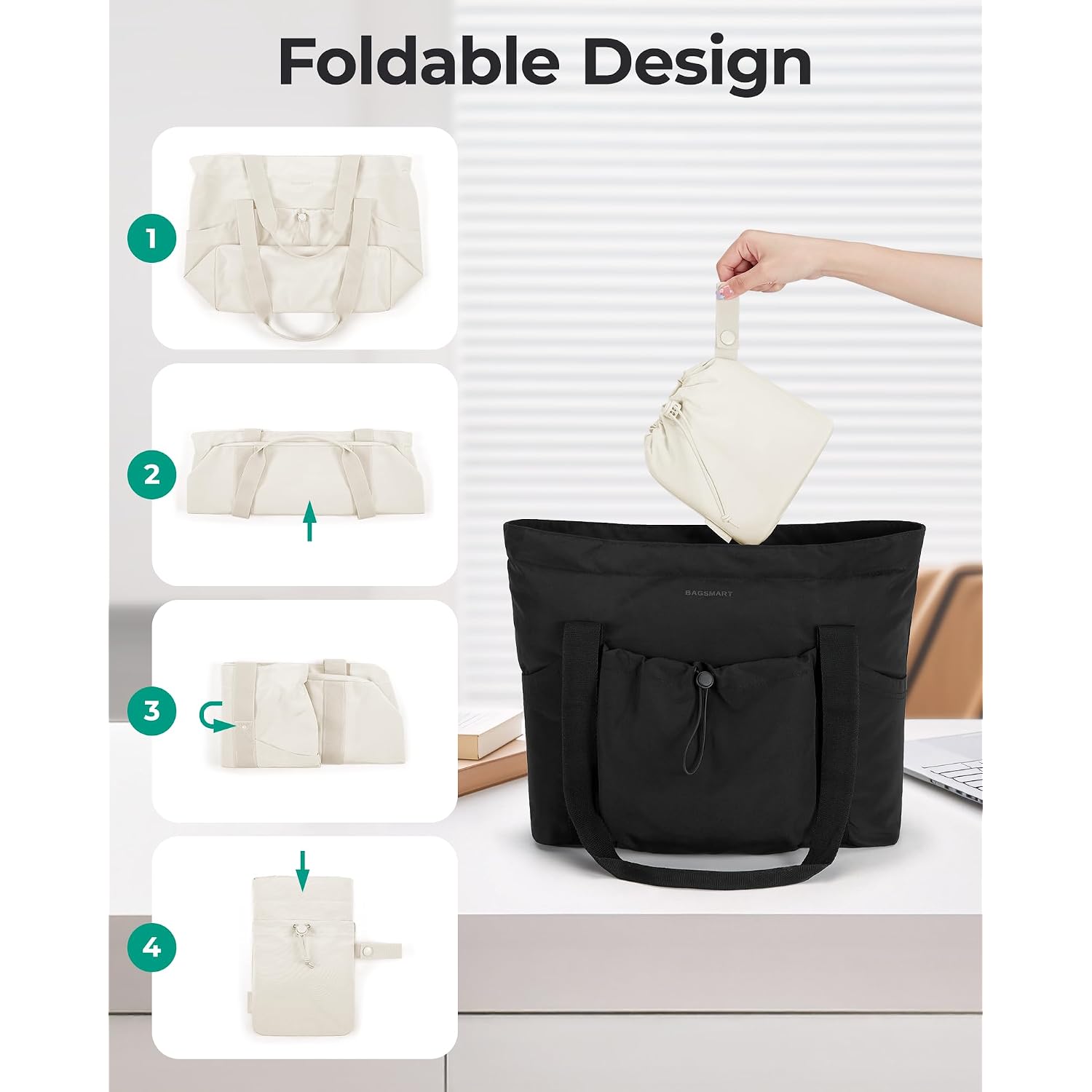 Bagsmart Foldable Tote Bag With Drawstring Bag, Tote Bag Shoulder Bag Top Handle Handbag For Travel, Work, Beach, Gym