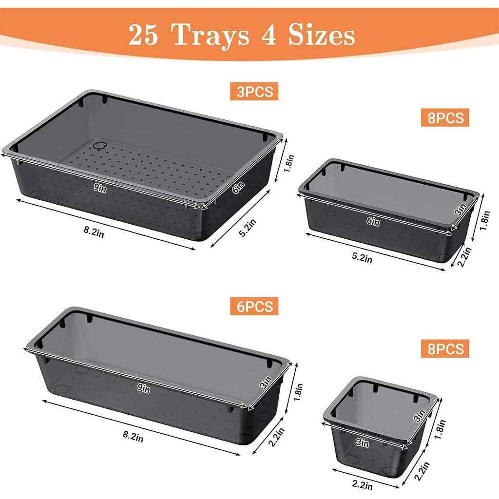 Spacehacks 25 Pcs Plastic Drawer Organizer Set, 4-Size Versatile Organizer Tool Trays & Storage Bins For Makeup, Jewelry, And Gadgets In Bathroom, Bedroom And Office,Clear Black