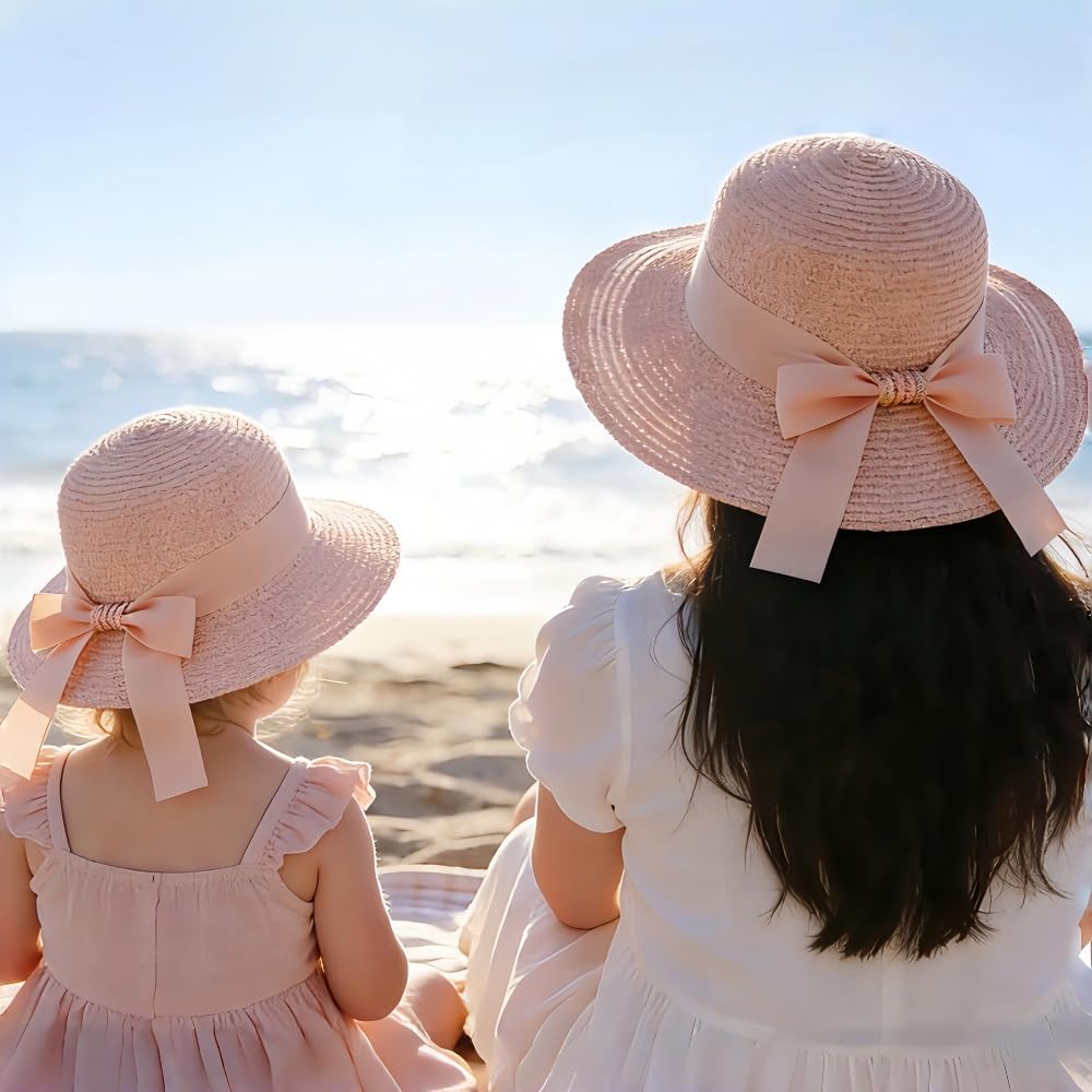 Women,Little Girls Straw Sun Hat Summer Beach Cap Foldable Visor Floppy Hats Wide Brim with Bowknot Pink Bow