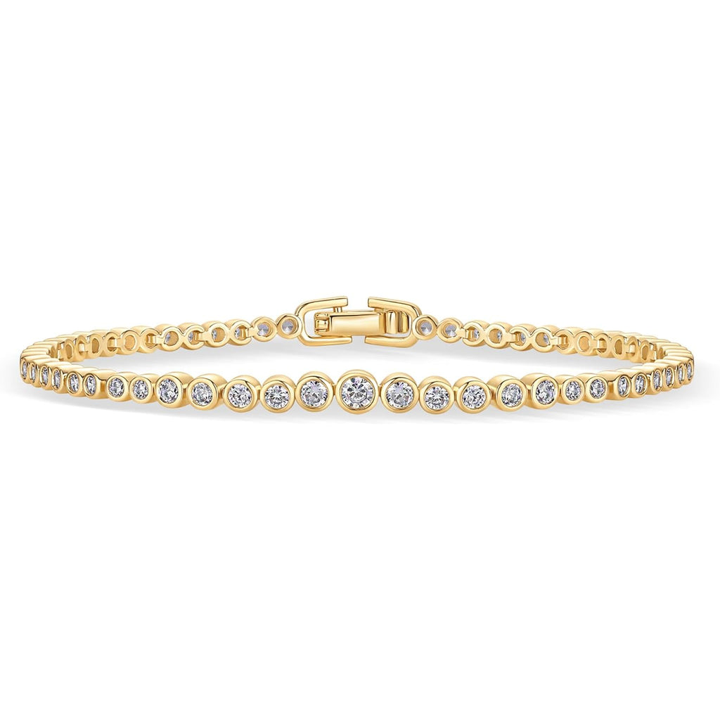 PAVOI 14K Gold Plated Tennis Bracelets for Women - Bezel Set Cubic Zirconia Bracelet - Simulated Diamonds Round, Trillion, Trinity, Radiant, Pear, Valentines Day Heart Cut Stones Wedding Jewelry Gifts for Brides