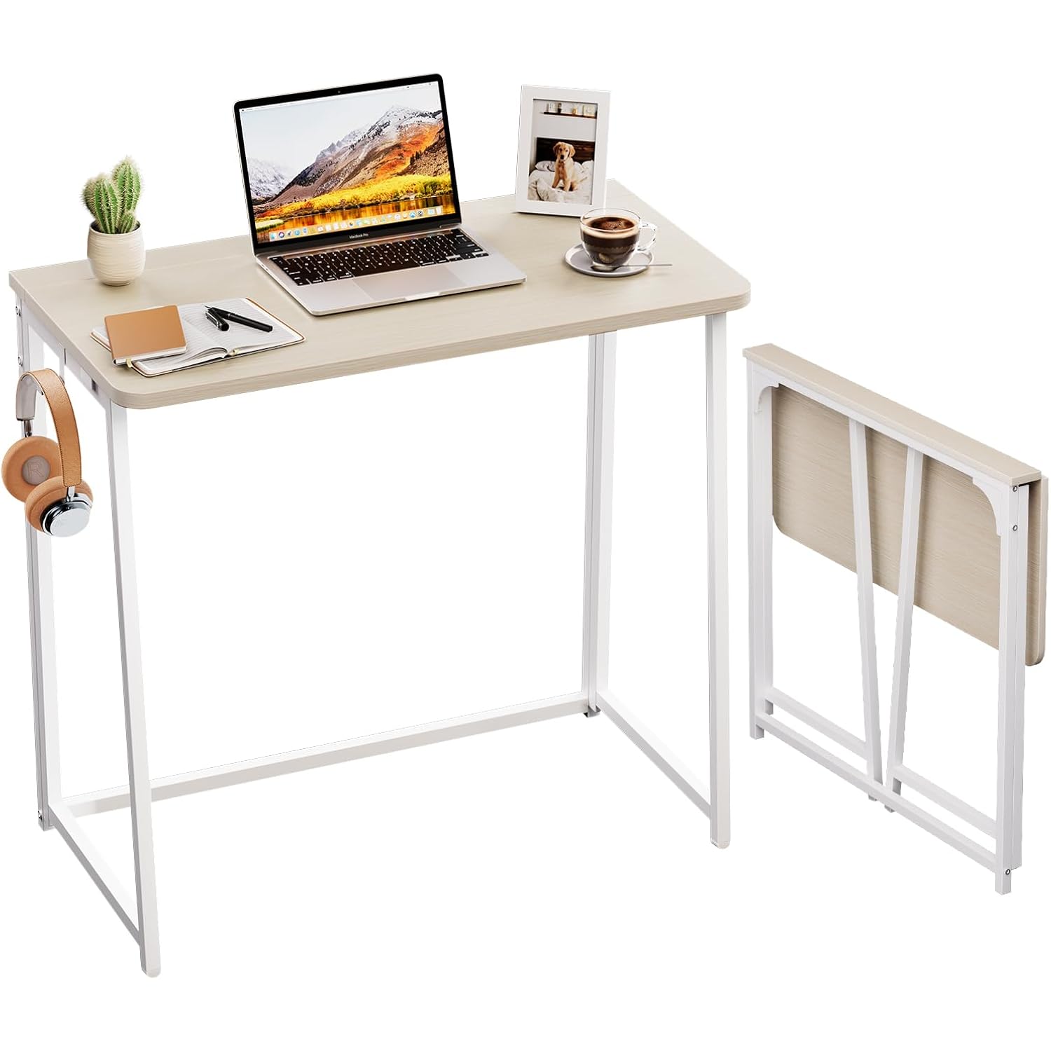 Wohomo Folding Desk, Small Foldable Desk 31.5" For Small Spaces, Space Saving Computer Table Writing Workstation For Home Office, Easy Assembly, Oak