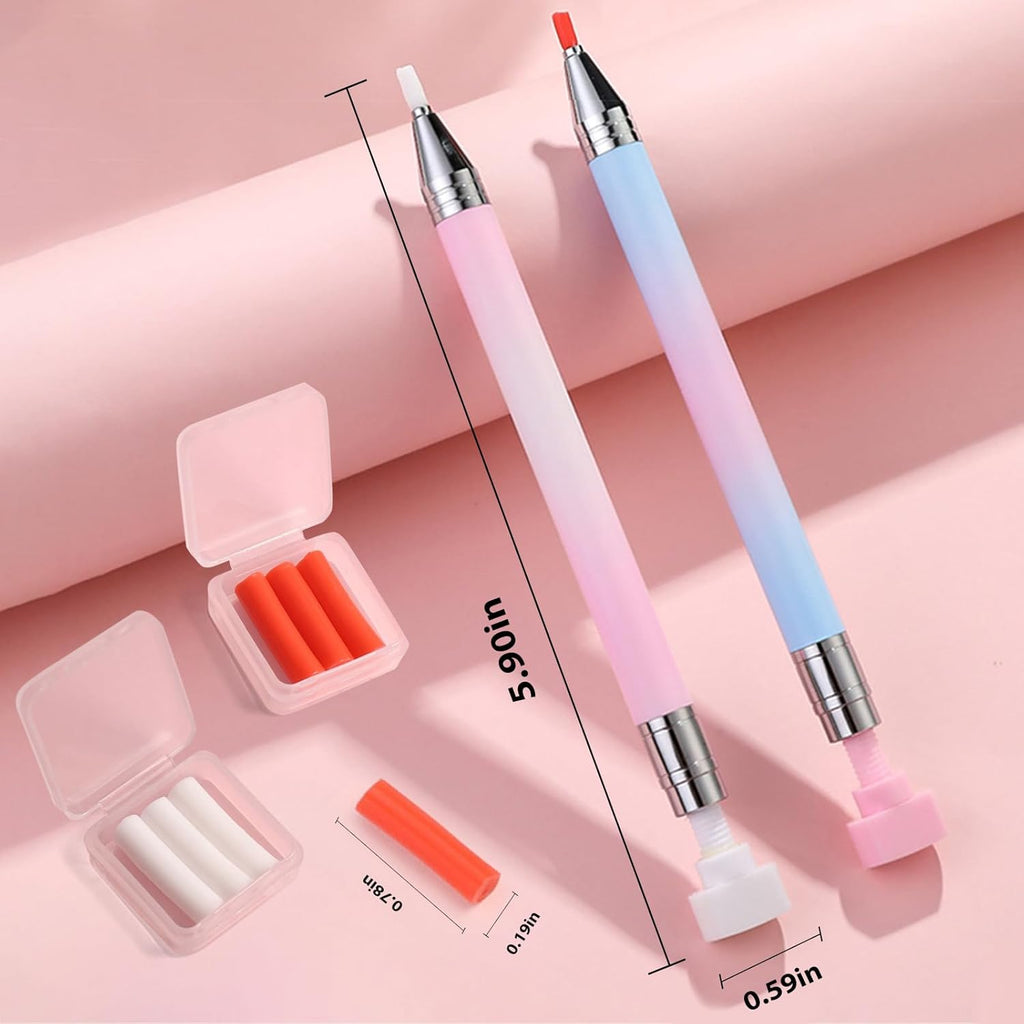 2 Pieces Rhinestone Picker Tool Diamond Art Refillable Wax Pen for Diamond Painting Nail Dotting Tool With 6pcs Wax Refills（Pink&Blue）
