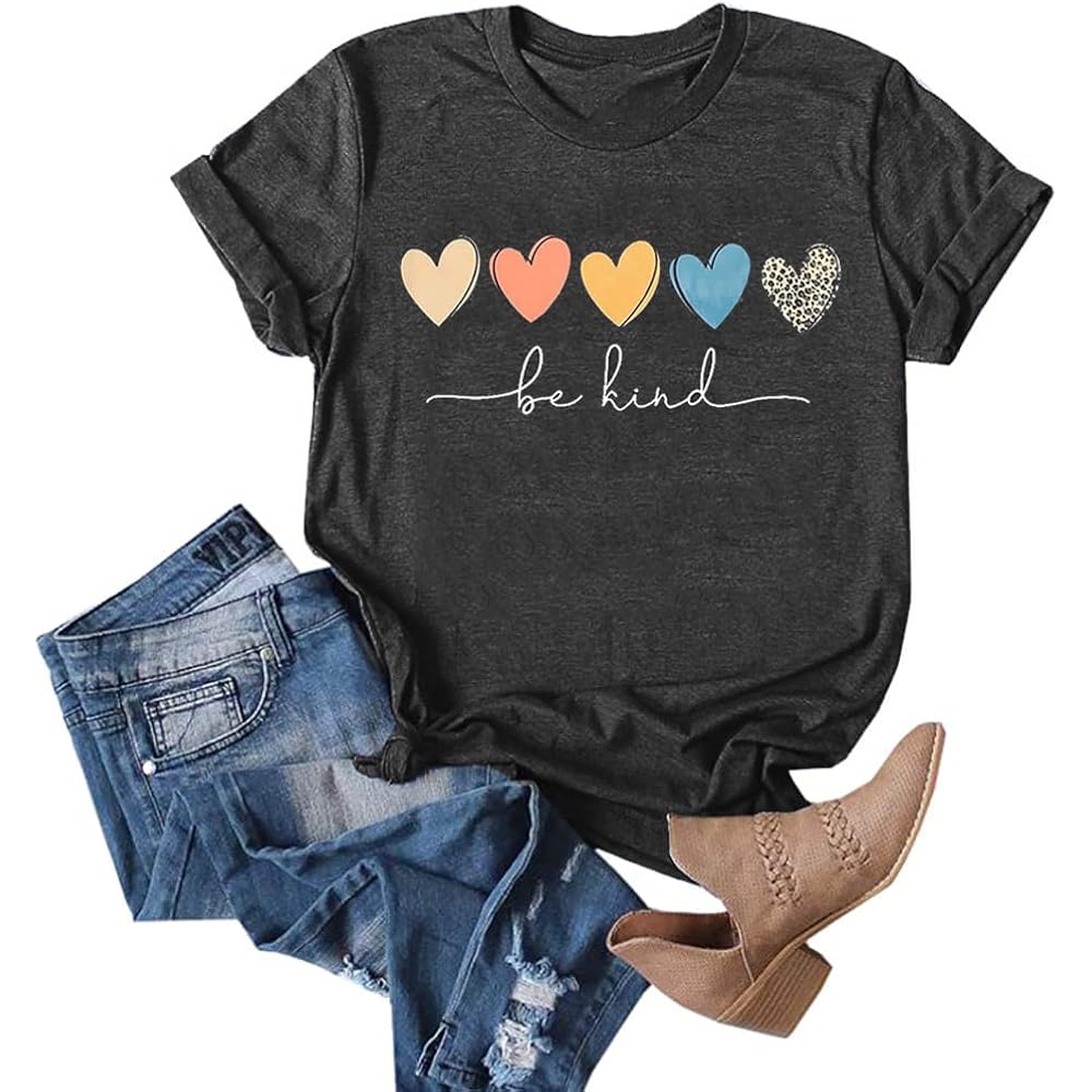 YEXIPO Womens Graphic Tees Short Sleeve Summer Tops Funny Letter Print Crew Neck Casual Loose Cute T Shirts Heart Kind-grey