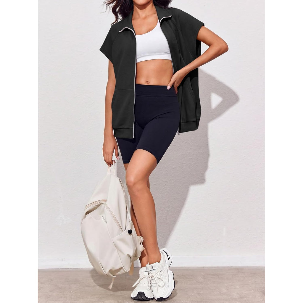 Women's Zip Up Sweatshirts Sleeveless Oversized Casual Solid Color Sweatshirt with pockets