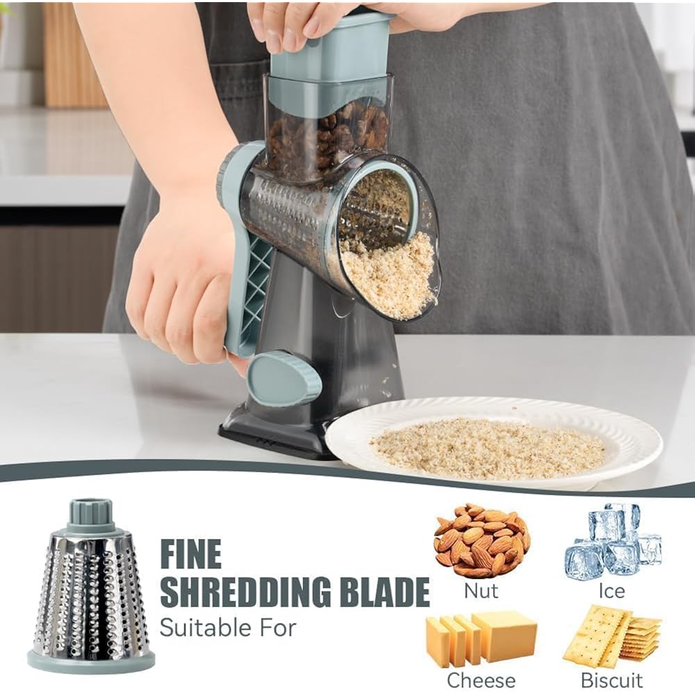 Rotary Cheese Grater Hand Crank Transparent - Shredder Slicer Grinder 3 Stainless Steel Blades, Stable Suction, Labor-Saving Handle, Safe Kitchen Tool For Cheese, Vegetable, Nuts, Chocolate