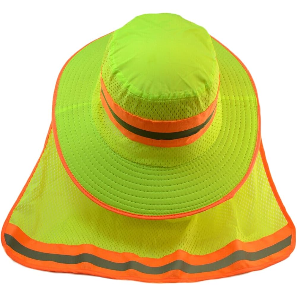 Glory Max High Visibility Reflective Work Safety Bucket Hat Cap Mesh Neck Flap Full Brim 1pc Green +1pc Orange